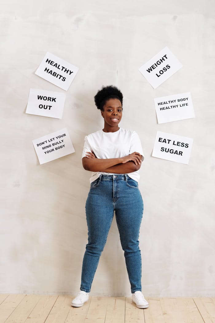 African American woman promoting healthy habits with motivational texts.